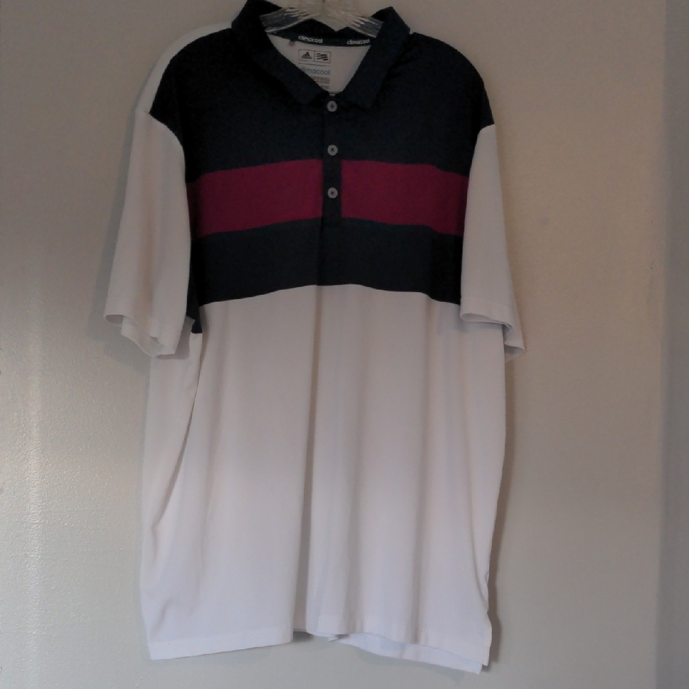 Adidas Climacool Polo Mens 2XL White Blue Pink Colourblock Short Sleeve Like New